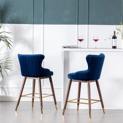 Of 2 Blue Counter Height Wingback Stools, Upholstery, Dense Foam, Design With Tapered Legs, Walnut, Metal, And Electroplated Gold-Tone Stools 2 , Foam Padding, Mid-Century Style Legs Walnut Finish
