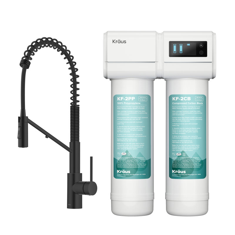 Robinet de cuisine KRAUS Oletto 2-en-1 de style commercial avec poignée rétractable et filtre à eau noir mat avec système de filtration sous-évier Purita