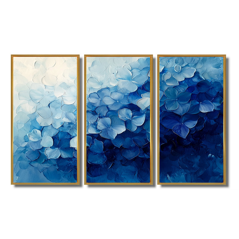 Velours hortensia lignes de grâce - art mural hortensia - ensemble de 3, H 28 po x l 36 po, Doré