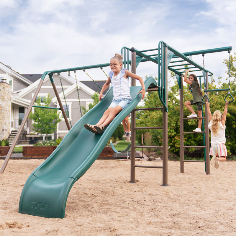 Green and Brown Metal Monkey Bar Swing Set with Slide
