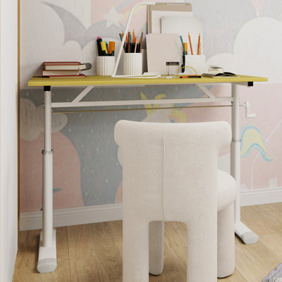 Bureau compact et réglable à la main, surface de couleur bois, structure à deux colonnes, idéale pour les environnements intérieurs