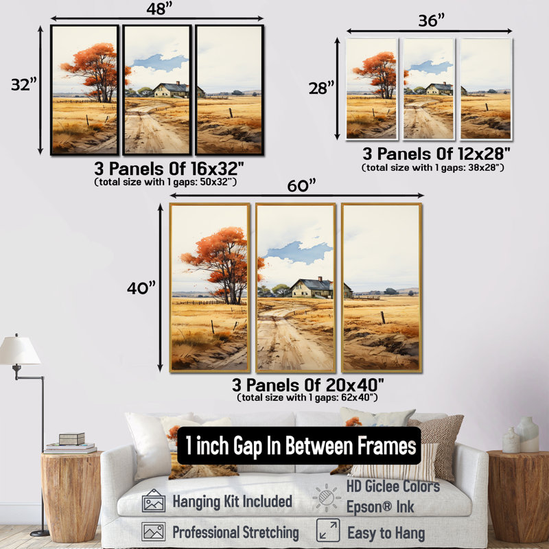 Maison de campagne en automne Wheatfield II - ensemble d'art mural paysage, Cadre flottant doré, H 32 po x l 48 po x P 1 po