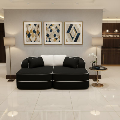 77" Reception Sectional Sofa with Double Chaises, No Assembly Teddy Fabric Seating for Office Lobby & Waiting Areas, Black