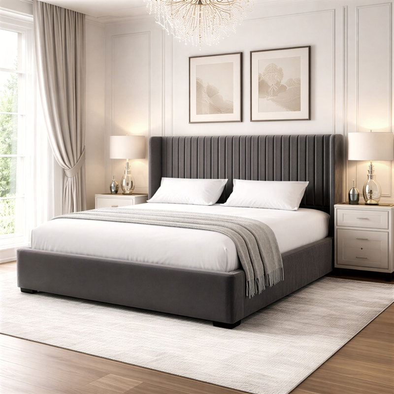 Premium Plush Bed Frame – Elegant Padded Bed with 48” Statement Headboard, Solid Wooden Bed – Contemporary Designer Finish