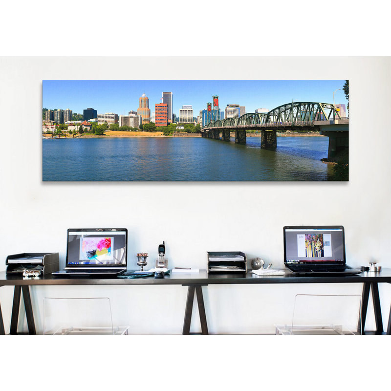«Hawthorne Bridge, Willamette River, Portland, Multnomah County, Oregon», reproduction de photo sur toile, Toile tendue