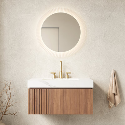 Meuble-lavabo de salle de bain 91 cm (36 po) avec dessus en pierre frittée blanche, armoire de rangement suspendue en contreplaqué avec tiroir et porte, lavabo en céramique, 3 trous pré-percés pour robinetterie, chêne brun, assemblé