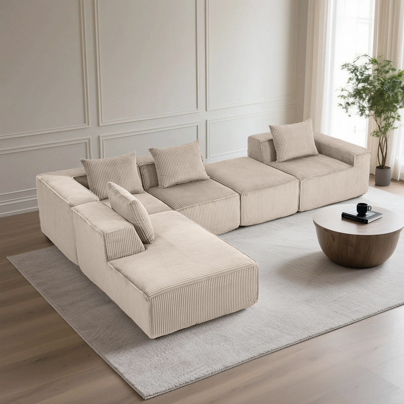 Canapé modulaire modulaire en L en velours côtelé avec coussins, Velours côtelé beige