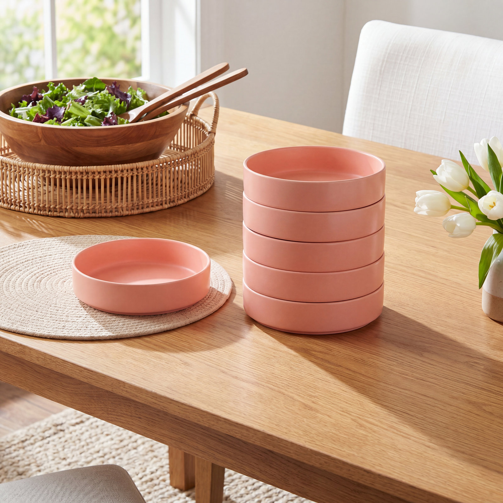 Birch Lane™ Joanna 6-Piece Pasta Bowl Set Porcelain, Peach