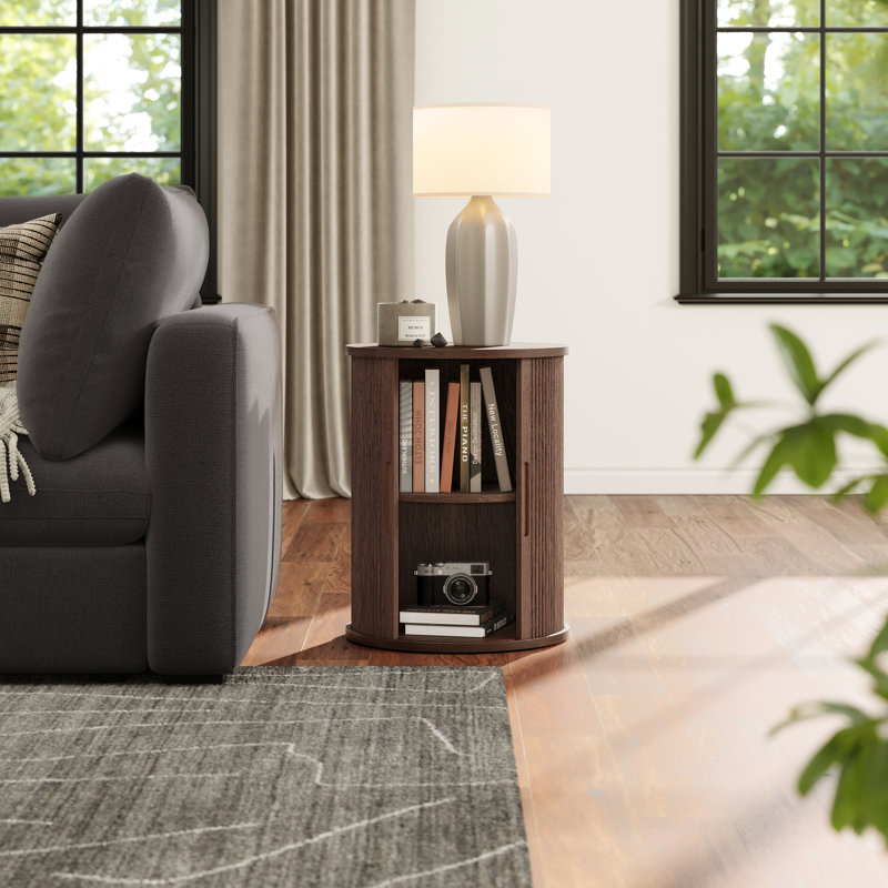 Table de bout ronde cannelée avec rangement Leathia (1 pièce), Marron foncé