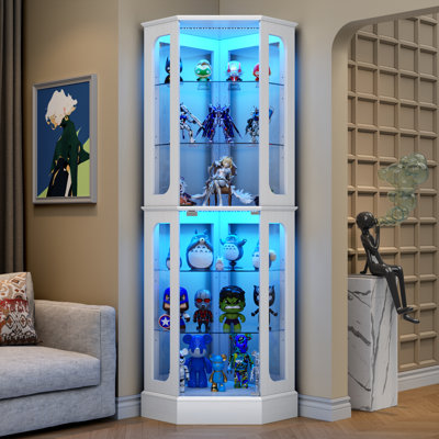 Grande vitrine d'angle de 71,8 po avec portes en verre Kepptory, vitrine en verre à 6 niveaux avec tablettes en verre réglables et lumières DEL, vitrine d'exposition pour objets de collection pour le salon, bar personnel, blanc