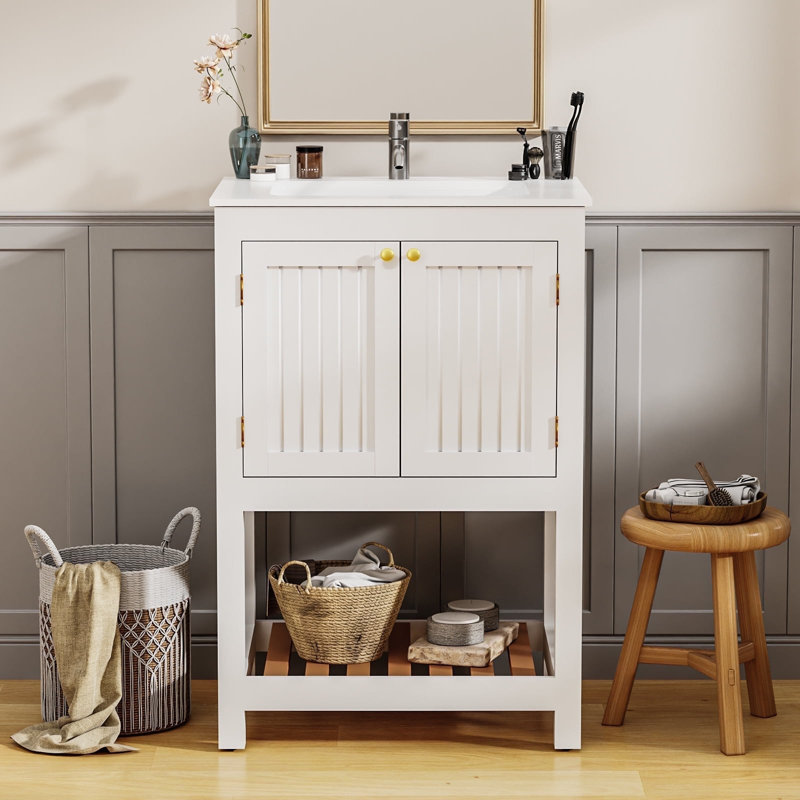 Meuble-lavabo autoportant 24 po avec lavabo, porte double et tablette ouverte 24 po, blanc, Blanc, 24"