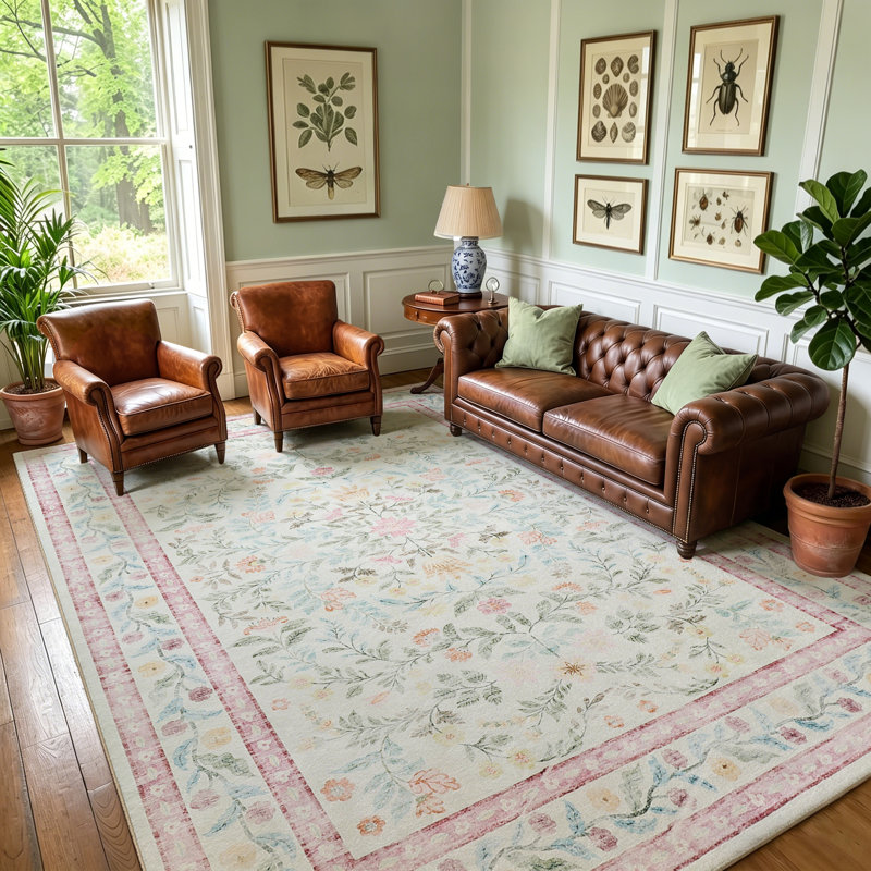 Area Rug 5x7 for Living Room, Washable Floral Low Pile Rug, Soft Non Slip Carpet for Living Room, Bedroom, Dining Room, Pink