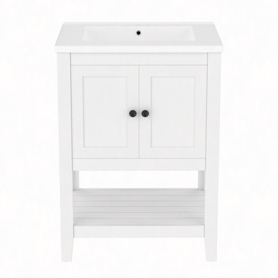 24" Sleek Bathroom Vanity Elegant Ceramic Sink With Solid Wood Frame Open Style Shelf