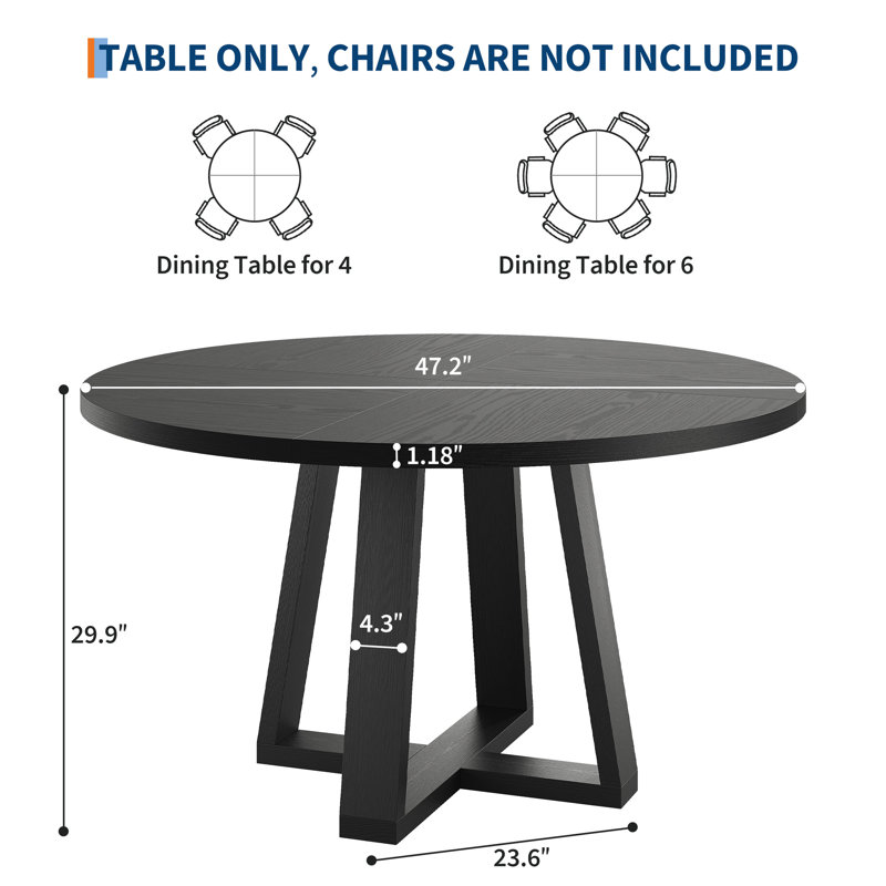 Table de salle à manger ronde de 47 po pour 4 à 6 personnes, table de cuisine en bois avec base en croix, table de salle à manger circulaire moderne, table de petit-déjeuner pour la salle à manger, sans chaises, noir