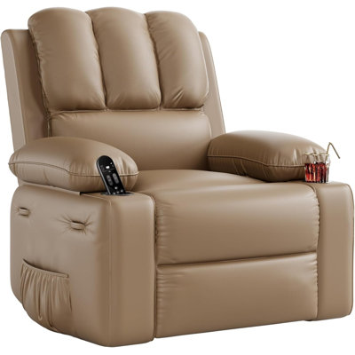Fauteuil inclinable de 22 po en cuir de polyuréthane brun clair avec fonctions vibrantes et chauffantes, fauteuil inclinable avec porte-gobelets intégrés et poches latérales