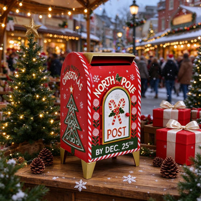 Boîte aux lettres rétro vintage en métal rouge - Pôle Nord, décor de Noël, boîte aux lettres du père Noël, grande décoration des Fêtes pour les lettres, cartes-cadeaux et présentoir de manteau de cheminée