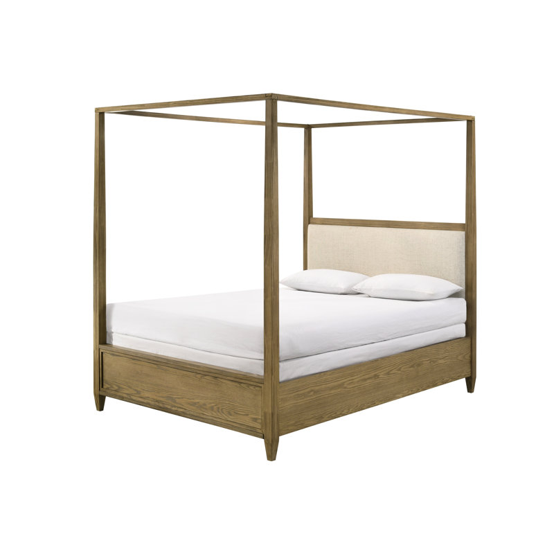 Grand lit à baldaquin rustique avec structure aux lignes épurées, finition en bois naturel pour la chambre à coucher, auvent, finition, cadre reposant