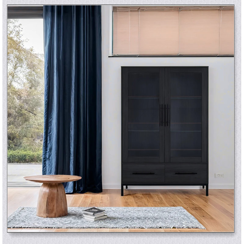 Vitrine haute de 60 po avec porte en verre trempé, éclairage DEL, deux tiroirs, armoire de rangement de style moderne pour le salon, le bureau et le bureau