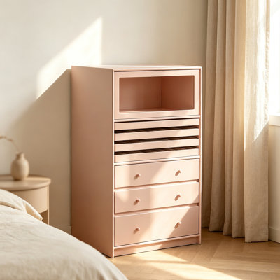 Commode rose féminine de style français, 84 cm (33,15 po) – Structure en contreplaqué de bois massif avec vitrine en verre trempé, tiroirs supérieurs compartimentés et grands tiroirs inférieurs, meuble de rangement multifonctionnel pour bijoux et vêtements.