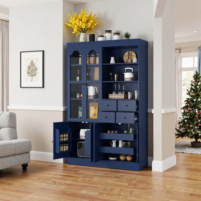 Extra Tall 75" Freestanding Buffet Cabinet With Hutch - Maximized Storage, 4 Drawers & Glass Doors, Blue