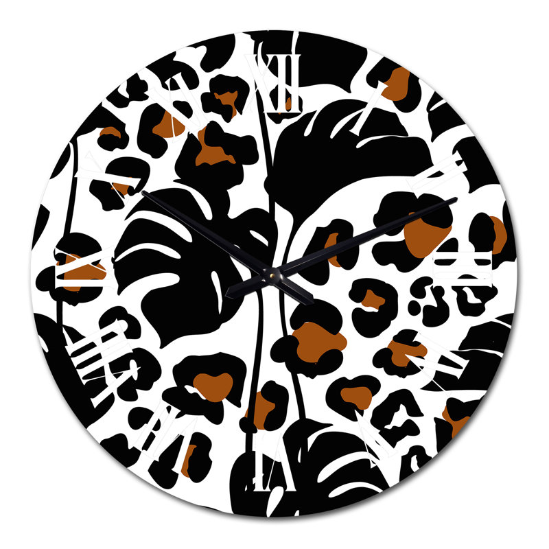Elegant Tropical Leaves And Leopard Camouflage - Patterned Wall Clock, Oversized
