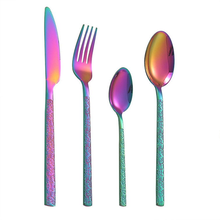 24 Pieces Rainbow Silverware Set with Steak Knives for 4, Stainless Steel Flatware Cutlery Set Orren Ellis