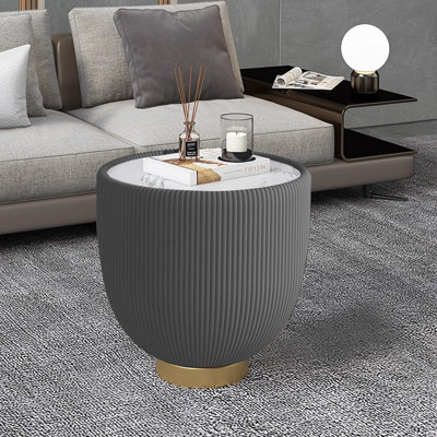 Modern Round Marble Pattern Tabletop Leather Edge Sofa End Table With Metal Base, Luxurious And Elegant For Home Decor