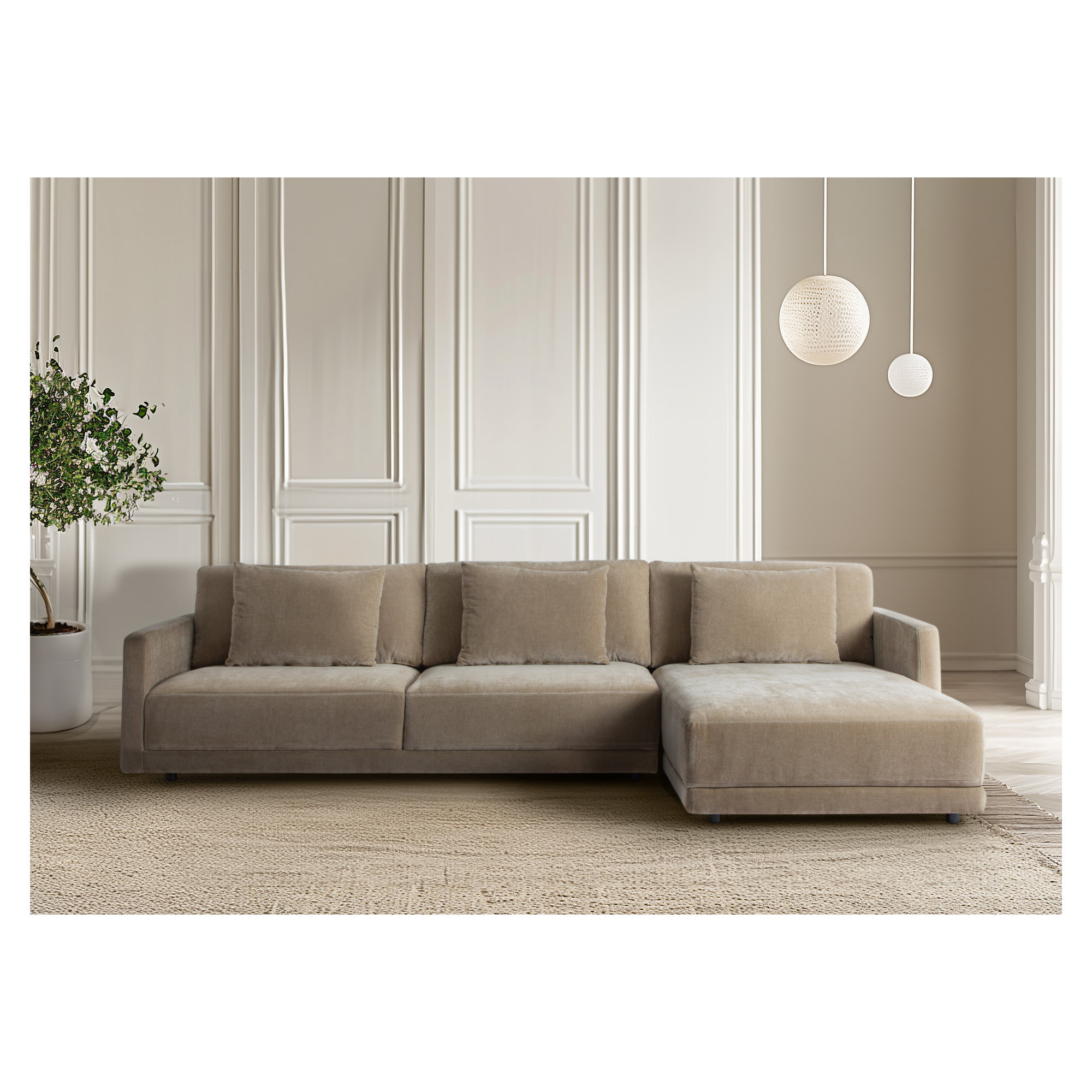 Kenji Upholstered Chaise L-Sectional, Latte Brown Chenille, Right Hand Facing