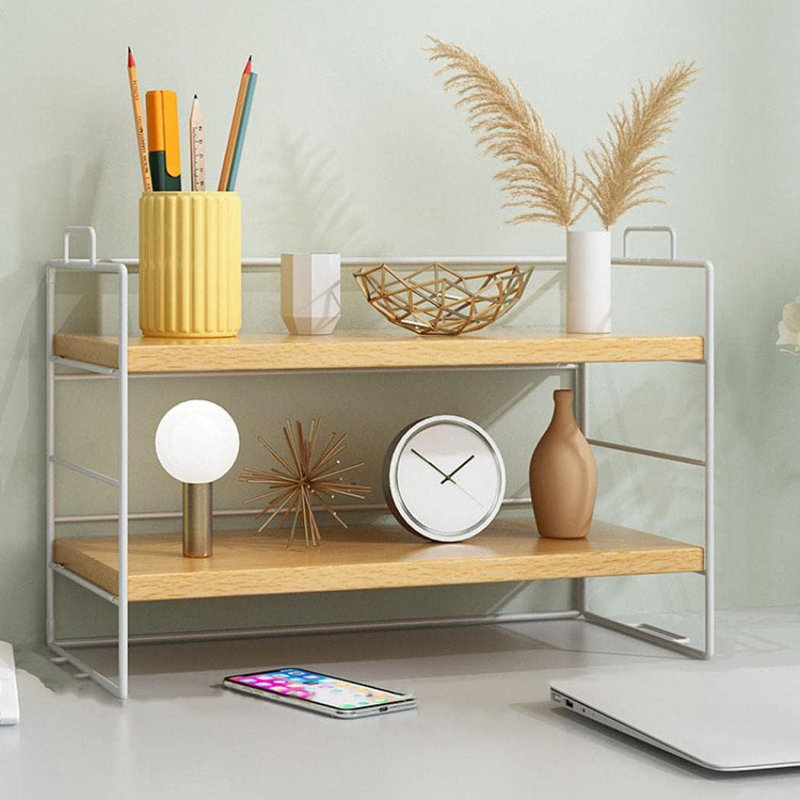 Desktop Shelf Organizer, Small Wood Countertop Bookshelf Adjustable Desktop Organizer Office, Desk Storage Tabletop Display Shelf For Home Office Kids Dorm (Wood Black Frame)