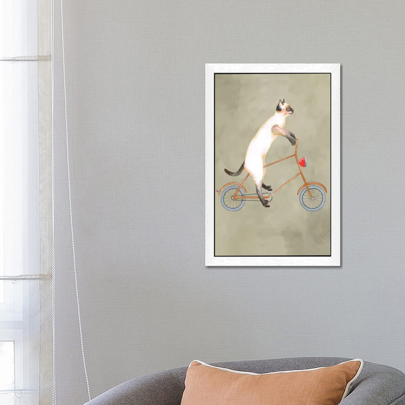 Cat On Bicycle - Print on Canvas, 101.6 cm H x 66.04 cm W, White Floater Framed