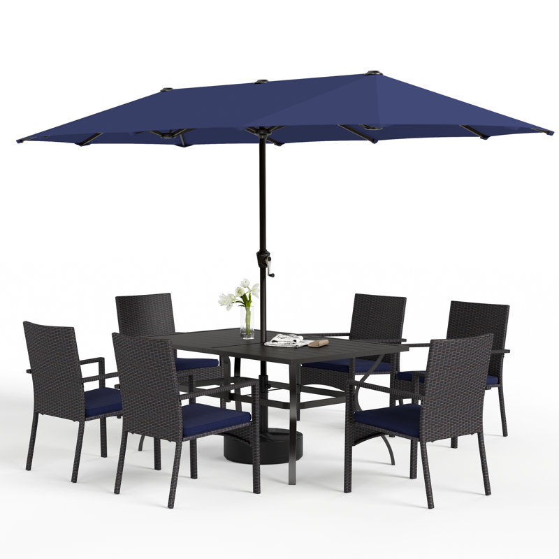 Rectangular Metal 6-People Patio Dining Set With Umbrella, Navy