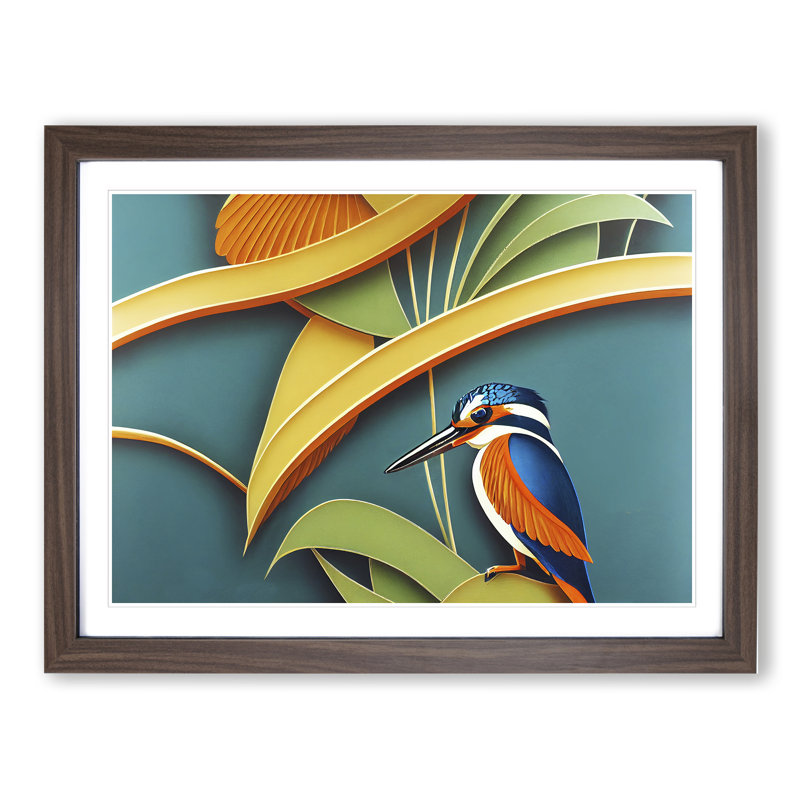 Kingfisher Deco Style - Framed Print, 46cm H x 64cm W x 2cm D, Walnut
