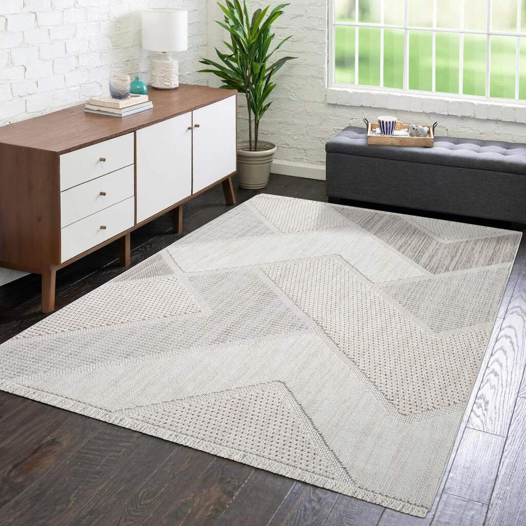 Teppich Lindo 8877 Kurzflor 3D-Optik Fransen Terra Geo-Muster Boho-Stil Wohnzimmer Britane