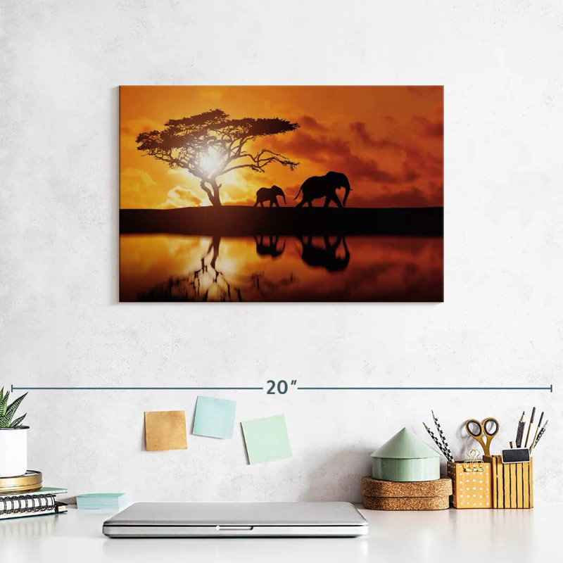 Brampt Elephant Silhouettes At Sunset, 8" H x 12" W