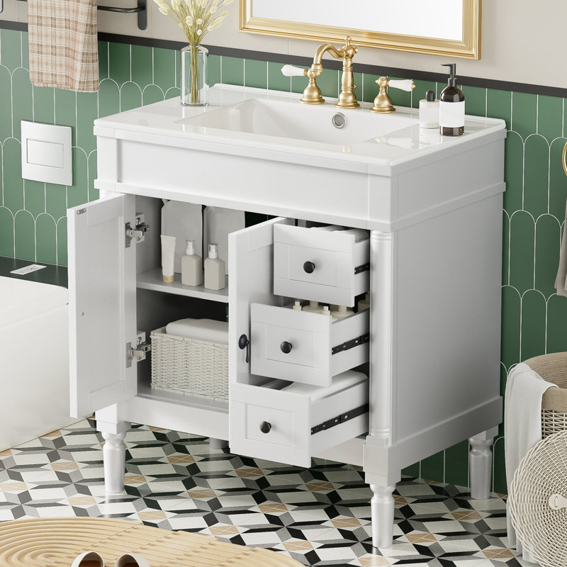 Meuble-lavabo avec lavabo, 2 portes et 3 tiroirs, Blanc