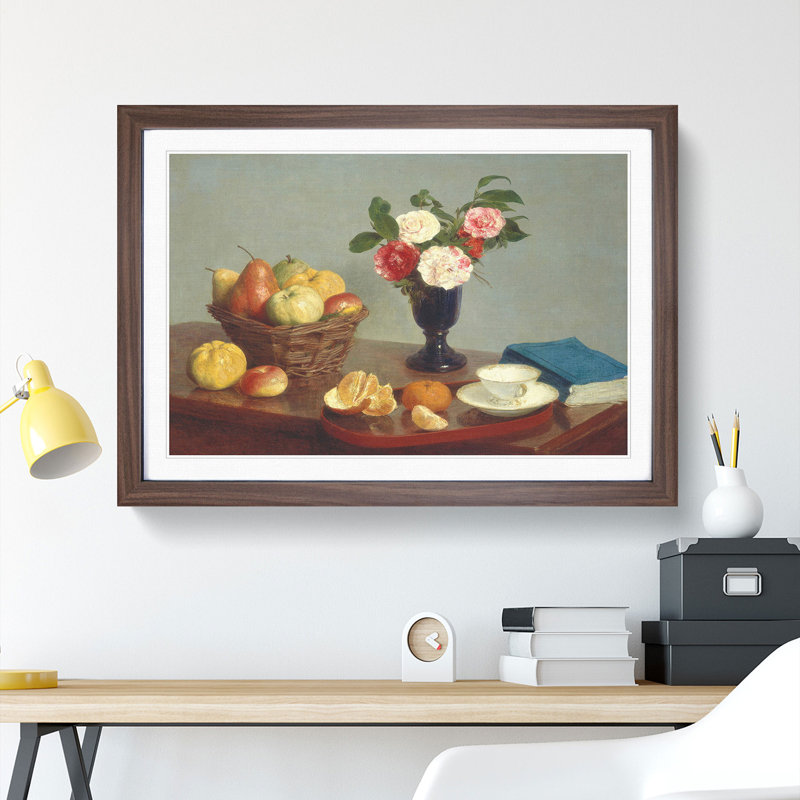 Still Life Fruit with Flowers Vol.9 by Henri Fantin-Latour - Picture Frame Painting, 48cm H x 65cm W x 2cm D, Walnut