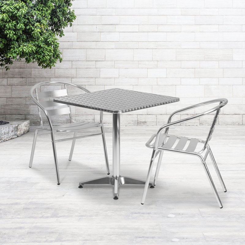 Gearard Square Aluminum Indoor-Outdoor Table Set with 2 Slat Back Chairs, 27.25" H x 27.5" W x 27.5" D, Silver