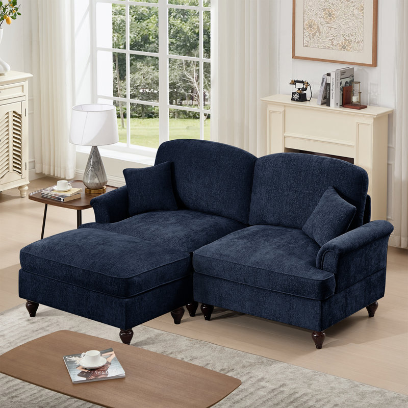 Chenille Loveseat with Flared Arms and ottoman, Blue