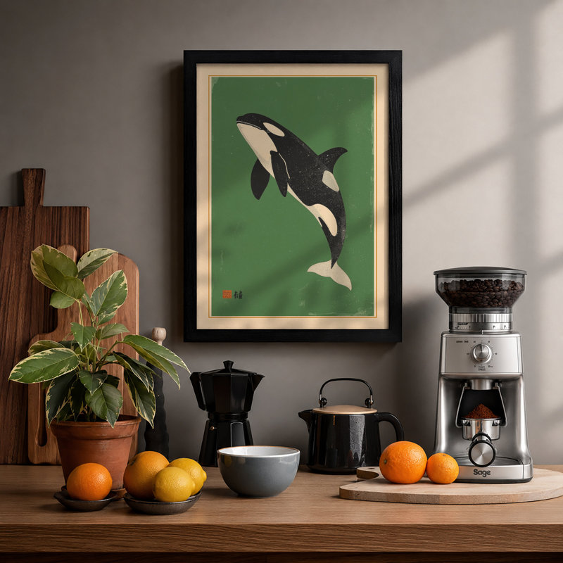 Leaping Whale Japandi - Framed Print, Black, A4 - 29.7 x 21.0 cm