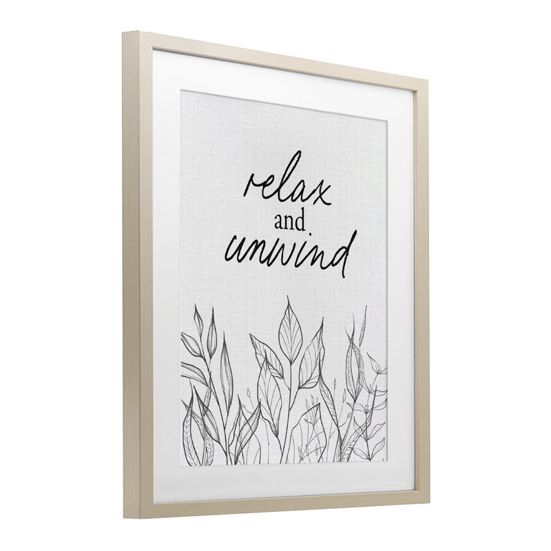«Relax Unwind Minimalist Leaves», reproduction encadrée sous verre, design par lettré et doublé, Cadre de récolte en pin