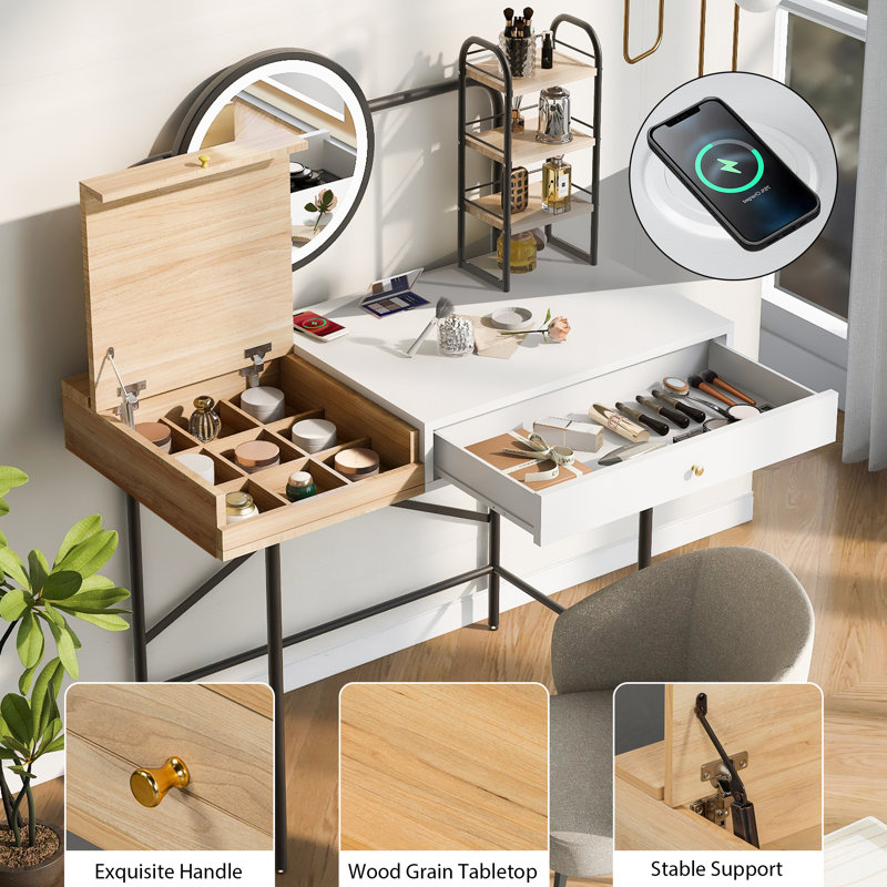 40" Makeup Vanity Desk with 3-Mode Lighted Mirror and Wireless Charging Station, White/Natural