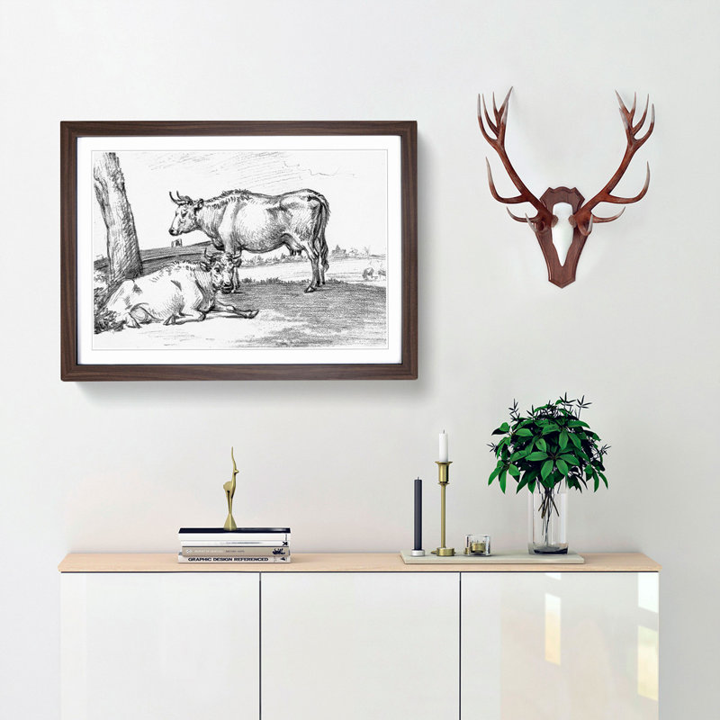 Two Cows by Jean Bernard - Framed Print, 27cm H x 36cm W x 2cm D, Walnut Framed