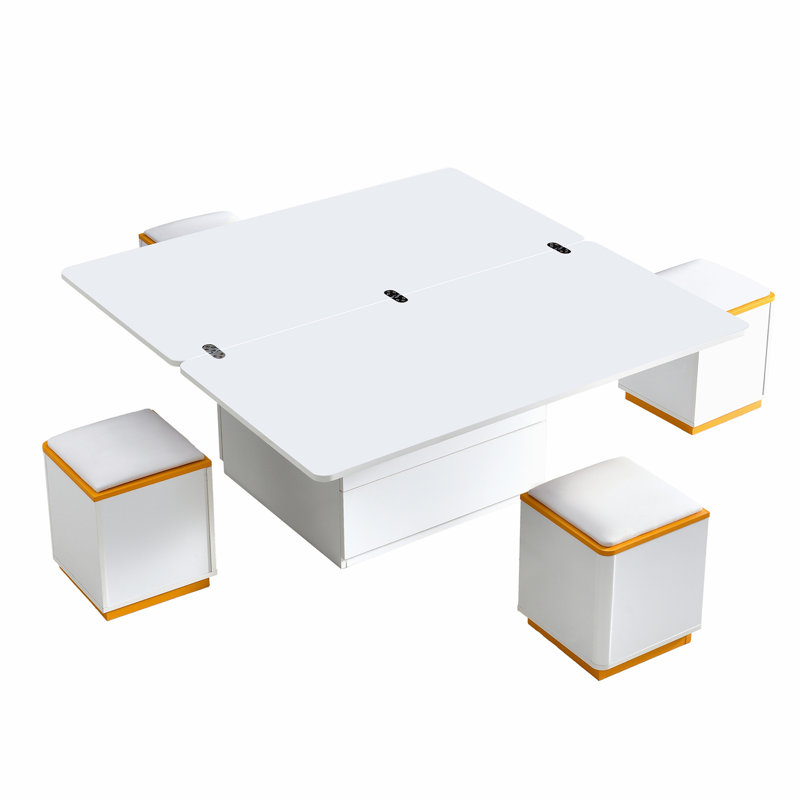 Table basse à plateau relevable avec 4 tabourets de rangement, Blanc