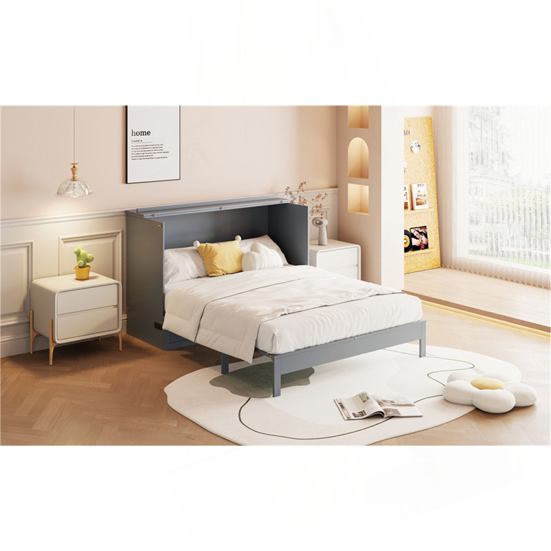 Lit escamotable double avec grands tiroirs, Gris, Lit double