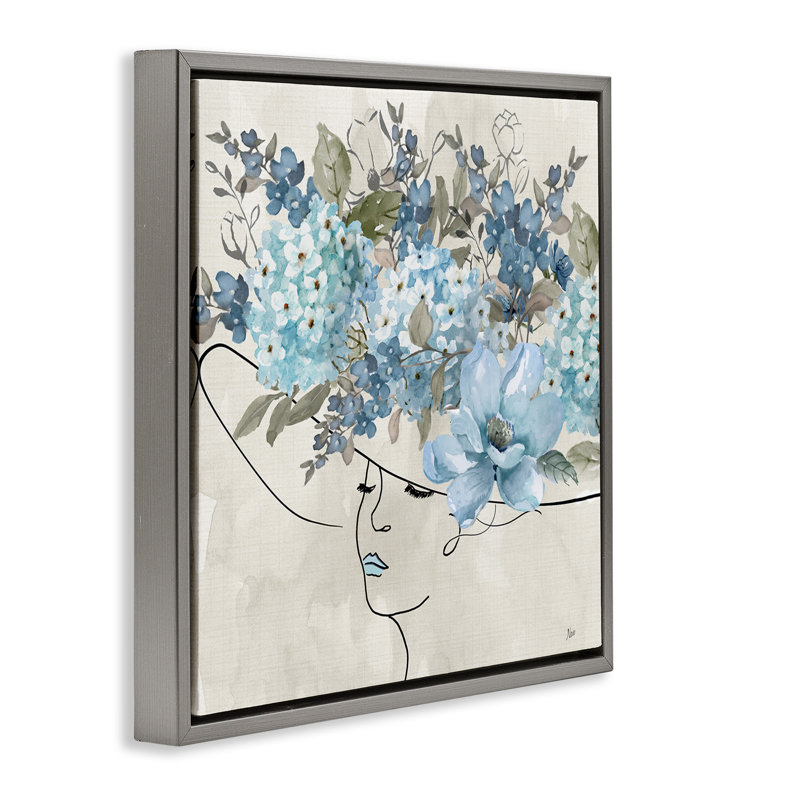 «Blue Floral Hat», encadrée par Nan, H 18 po x l 18 po, Cadre flottant gris lustré