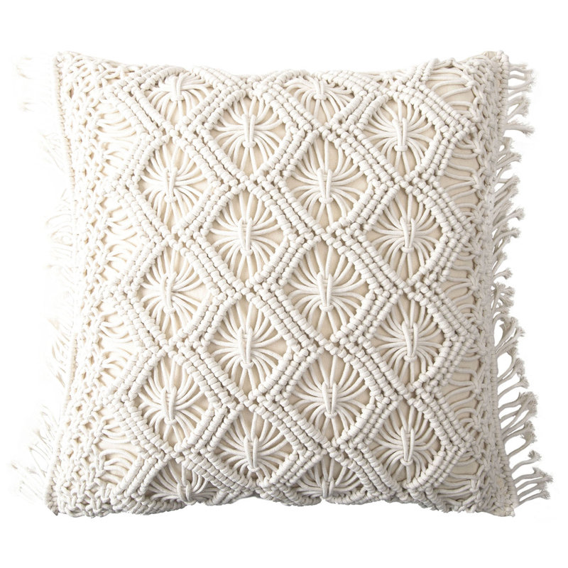 Handmade Crochet Off-White Cotton Boho Throw Pillow 18x18 inches