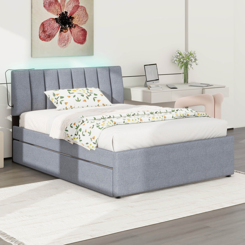 Lit plateforme tapissier Teddy, Gris, Double