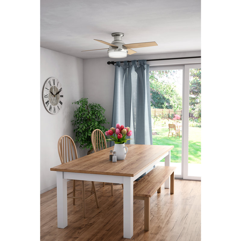Dempsey Low Profile 44" 4 - Blade Indoor Flush Mount Small Room Ceiling Fan with Lights and Remote, Light Gray/Natural Oak