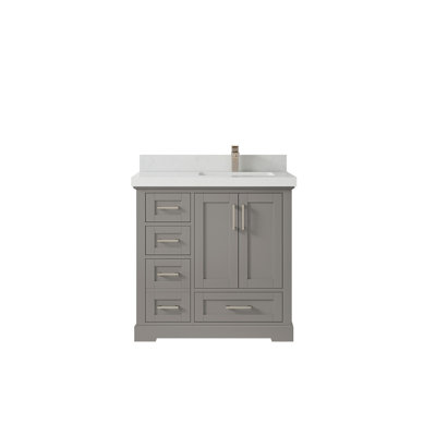 Boston 36 In. W X 22 In. D Right Offset Sink Bathroom Vanity In Elephant Skin Gray With 2 In. Carrara Quartz