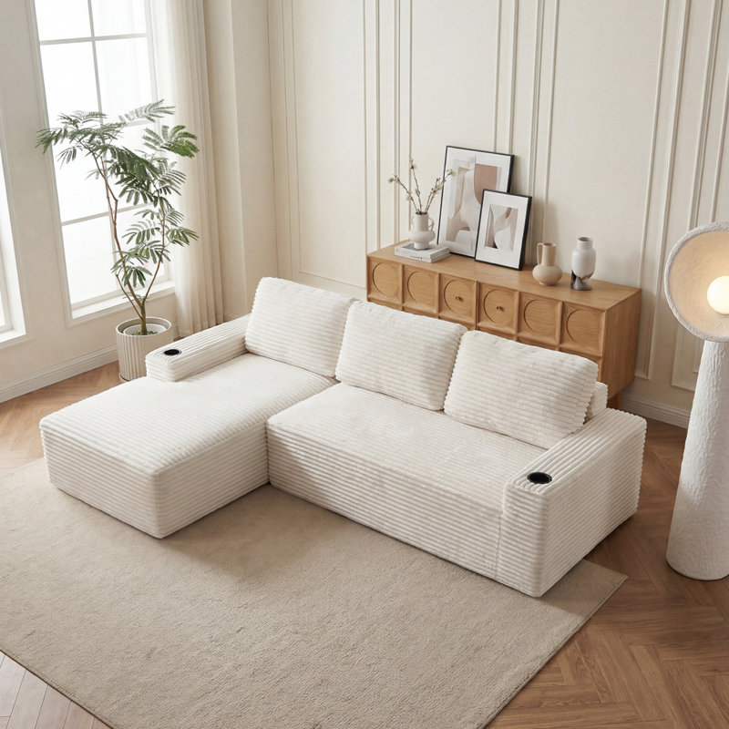 Boneless 104''W Cloud Modern Modular L-Shaped Sofa , Compressed Corduroy Upholstered Boneless Sofa Couches With Chaise And Cup Holder